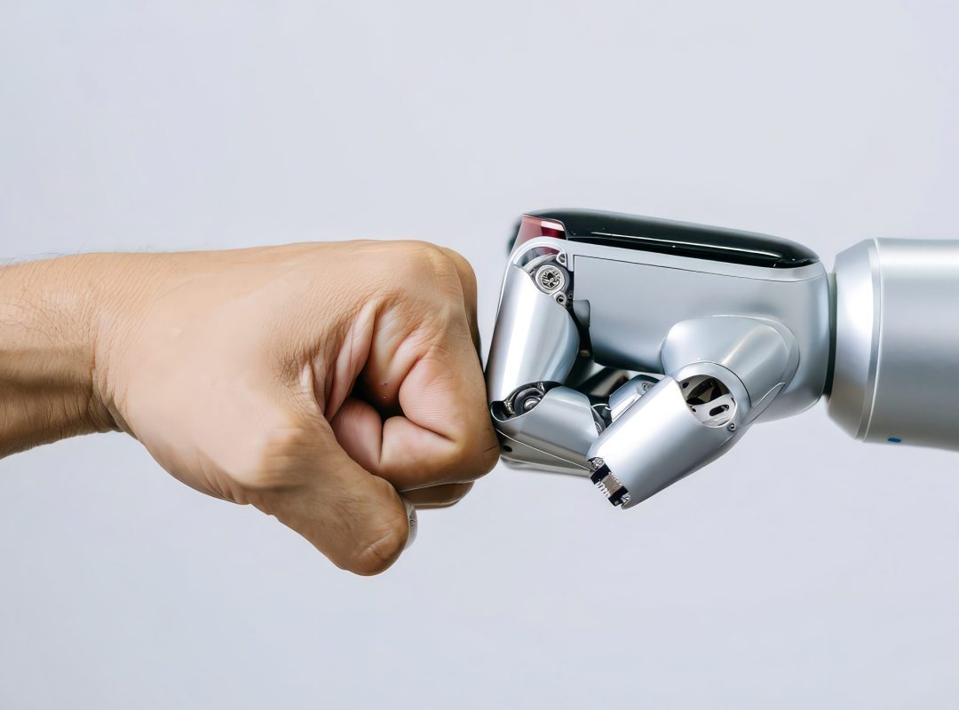 Robotik hand och mänsklig fist bump som symboliserar tekniskt partnerskap och samarbete